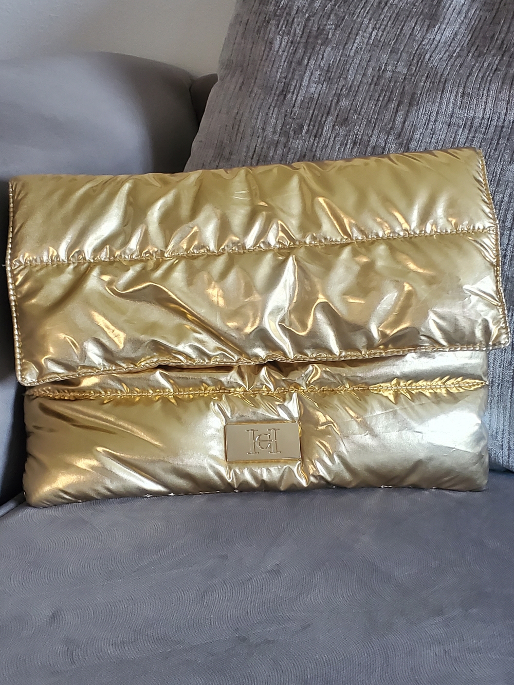 Carolina Herrera Metallic Gold Quilted Foldover Clutch